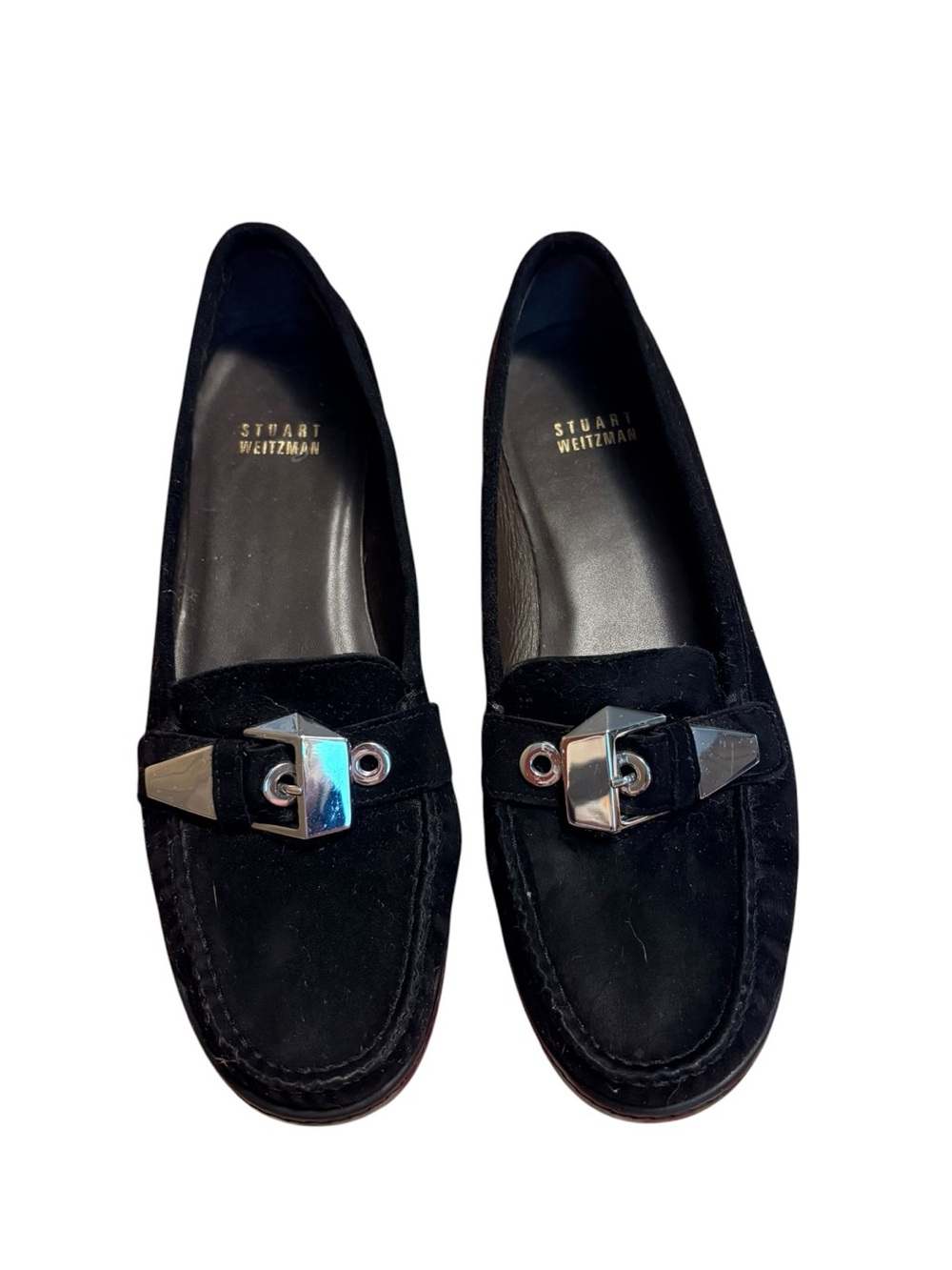 Stuart Weitzman Black Suede Buckle Loafers Size 7.5 M Made in Spain